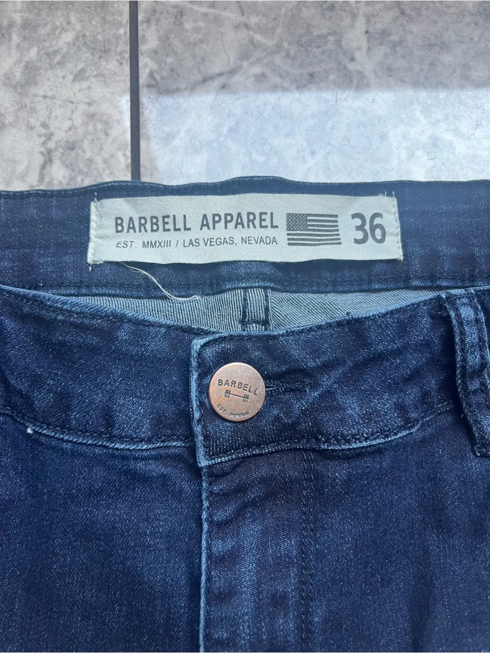Barbell Apparel Mens Jeans Sz 36 Straight Leg Stretch USA MADE Denim Distressed